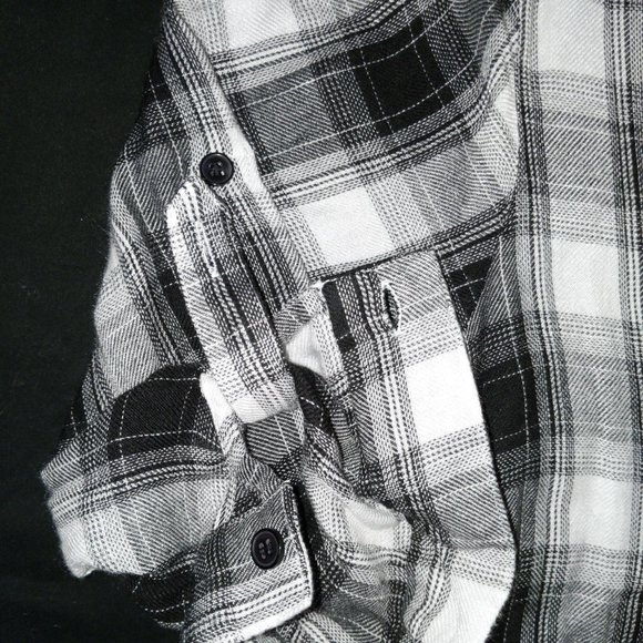 4/$20 | Black & White Plaid Button Up Shirt with tie knot on front bottom - Picture 6 of 10